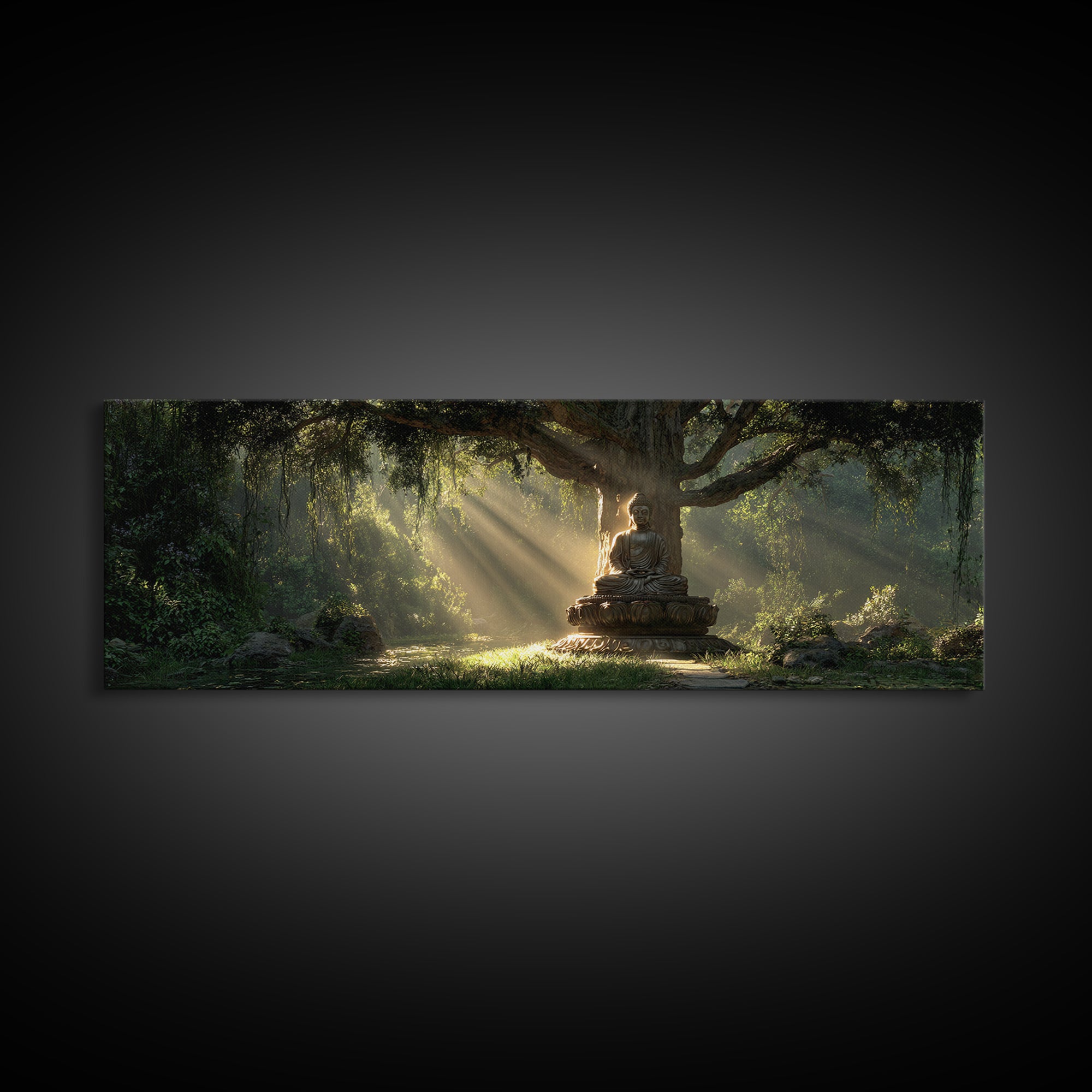 Buddha Statue In Sunlit Forest Wall Art, Zen Meditation Canvas Print, Spiritual Home Decor, Calming Nature Artwork Gift Idea
