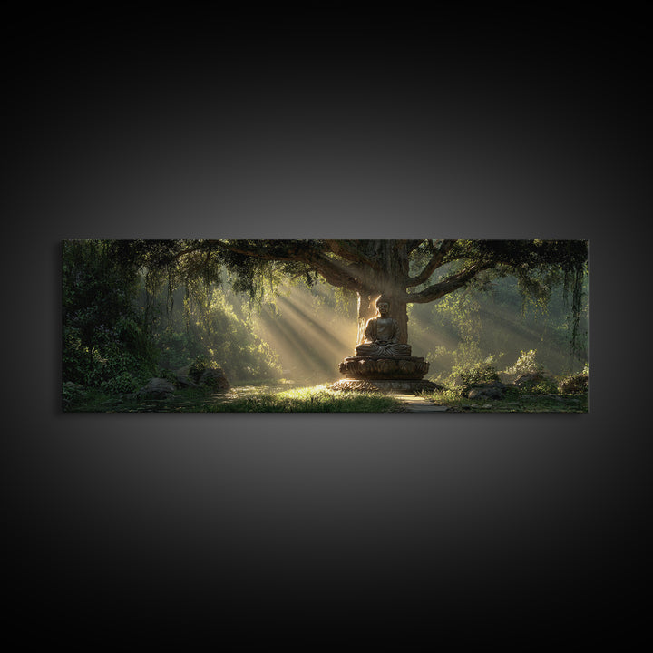 Buddha Statue In Sunlit Forest Wall Art, Zen Meditation Canvas Print, Spiritual Home Decor, Calming Nature Artwork Gift Idea