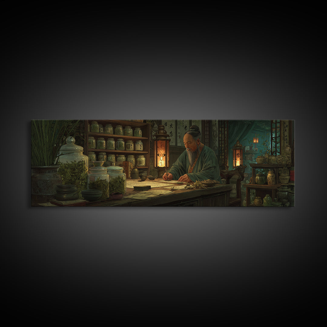 Asian Herbalist Apothecary Framed Canvas Print, Japanese Wall Art, Traditional Medicine Decor, Calligraphy, Moody Office Art