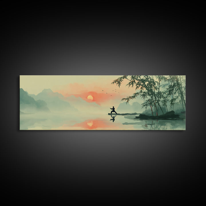 Misty Asian Lake Fisherman Wall Art, Zen Sunrise Landscape Canvas Print, Japanese Bamboo Decor, Peaceful Meditation Room Art