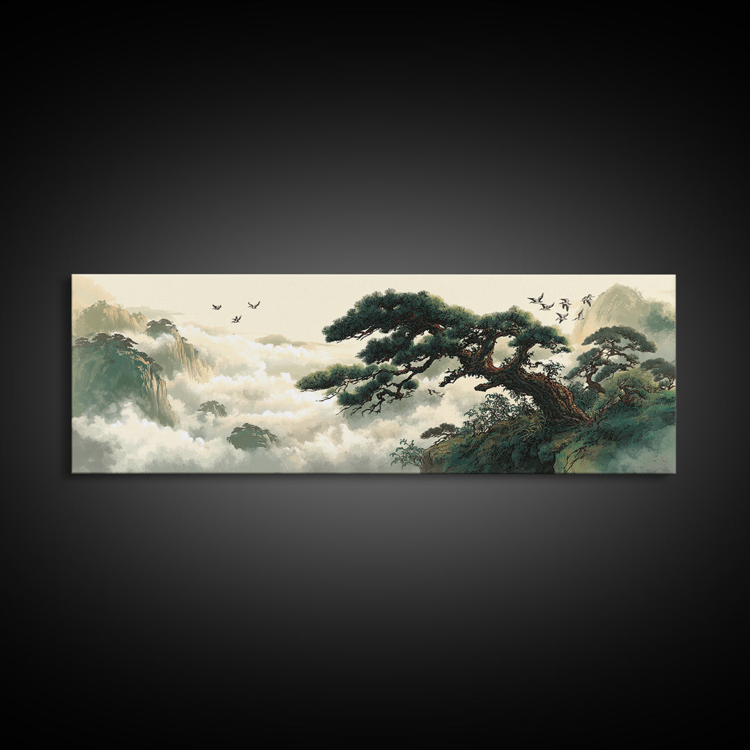 Misty Pine Mountain Landscape Wall Art, Asian Zen Framed Canvas Print, Japandi Nature Decor For Living Room And Office Home Decor