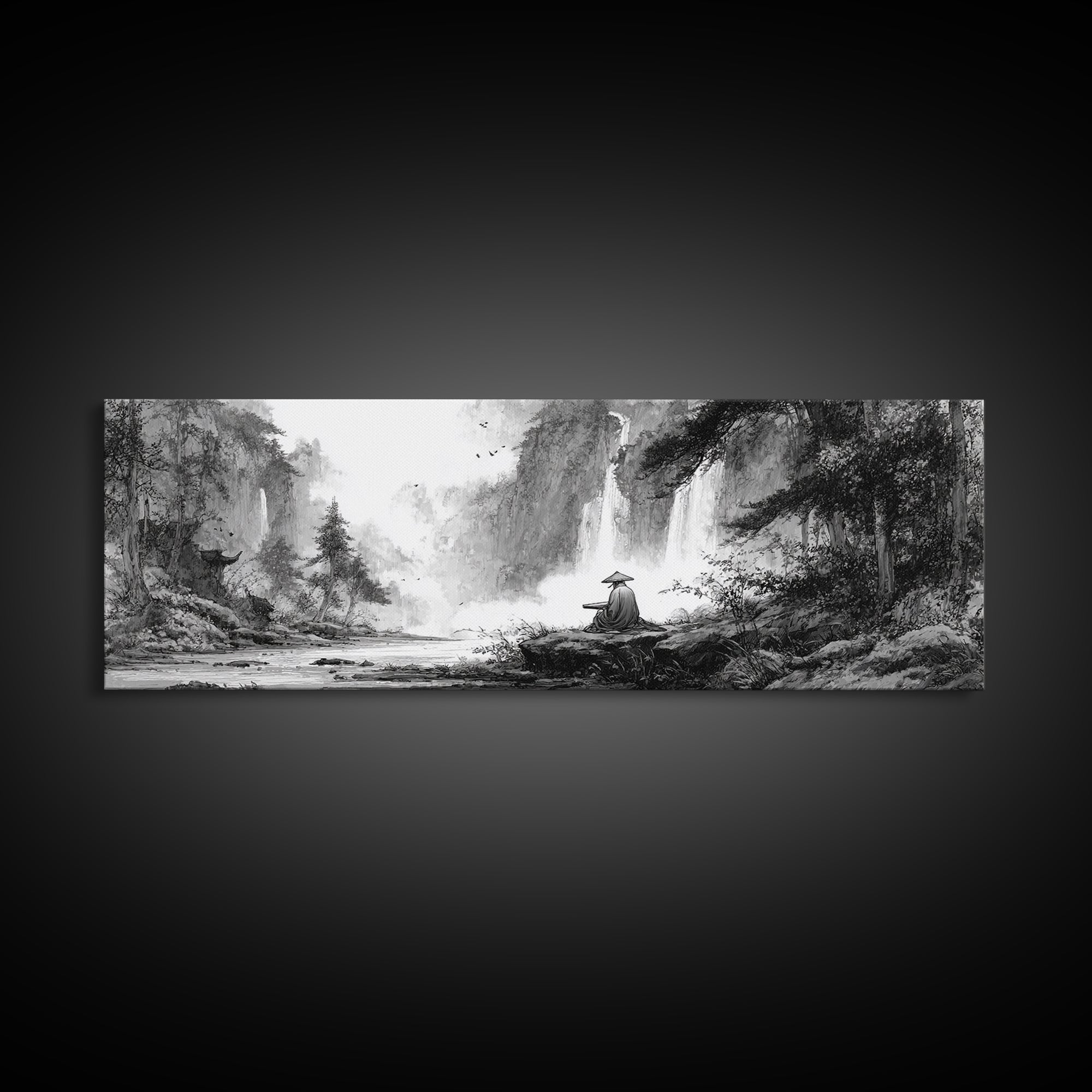 Black And White Waterfall Monk Wall Art, Japanese Landscape Print, Zen Meditation Decor, Nature Art For Office Or Living Room