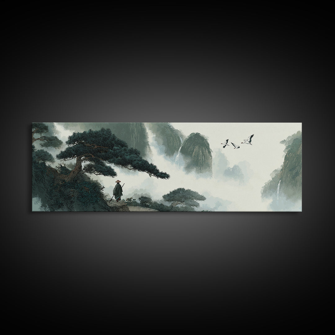 Misty Mountain Pine Landscape Wall Art, Japanese Ink Style Canvas, Zen Nature Print, Panoramic Living Room Decor, Calming Office Decor