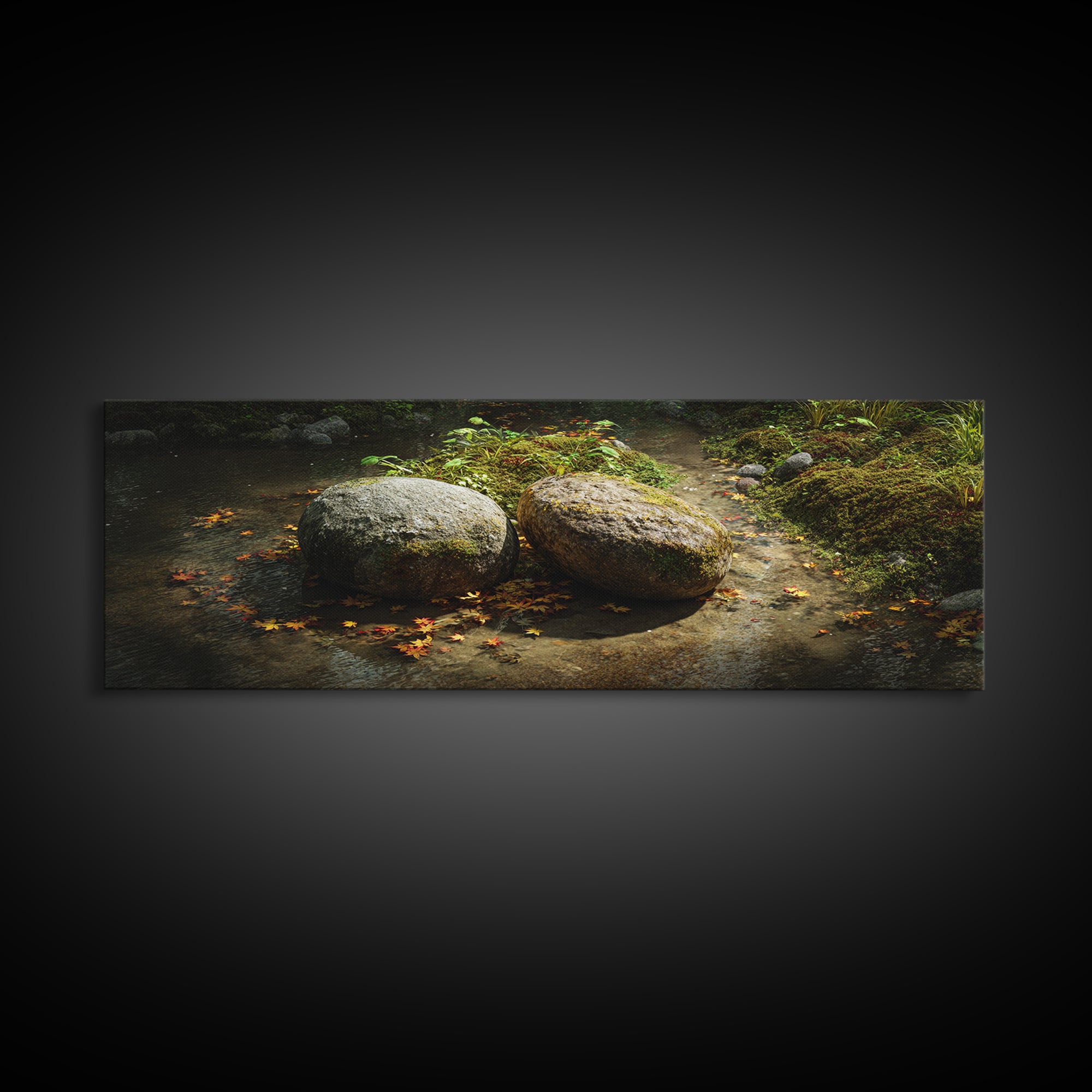 Mossy Stream Stones Nature Wall Art, Framed Canvas Print, Zen Spa Decor, Calming Landscape Art For Living Room And Office