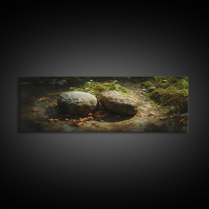 Mossy Stream Stones Nature Wall Art, Framed Canvas Print, Zen Spa Decor, Calming Landscape Art For Living Room And Office