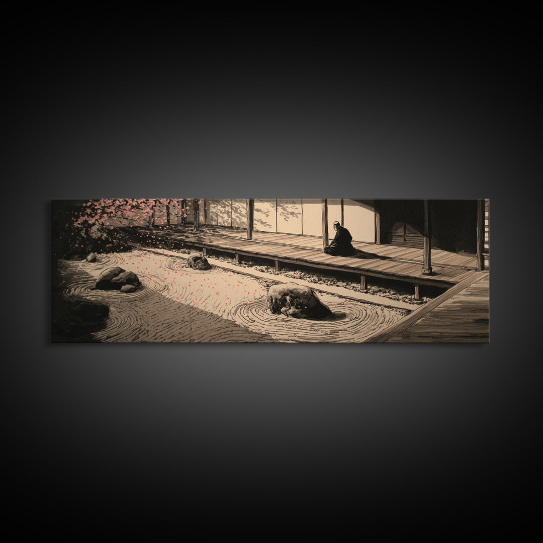 Japanese Zen Garden With Monk Canvas Print, Minimalist Sand Rake Wall Art, Japandi Meditation Decor For Tea Room And Home Decor