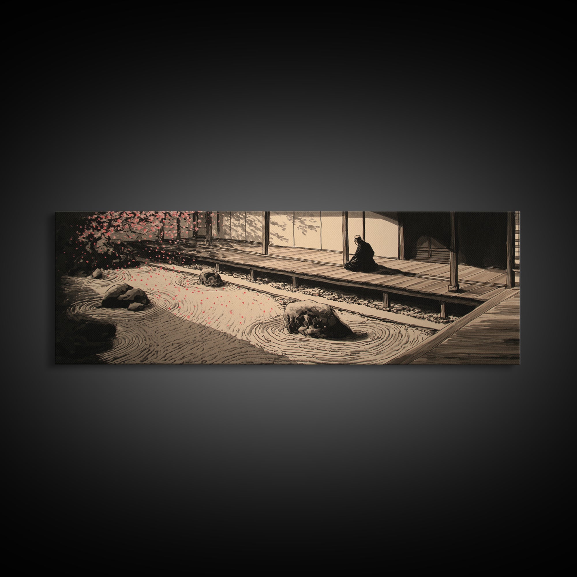 Japanese Zen Garden With Monk Canvas Print, Minimalist Sand Rake Wall Art, Japandi Meditation Decor For Tea Room And Home Decor