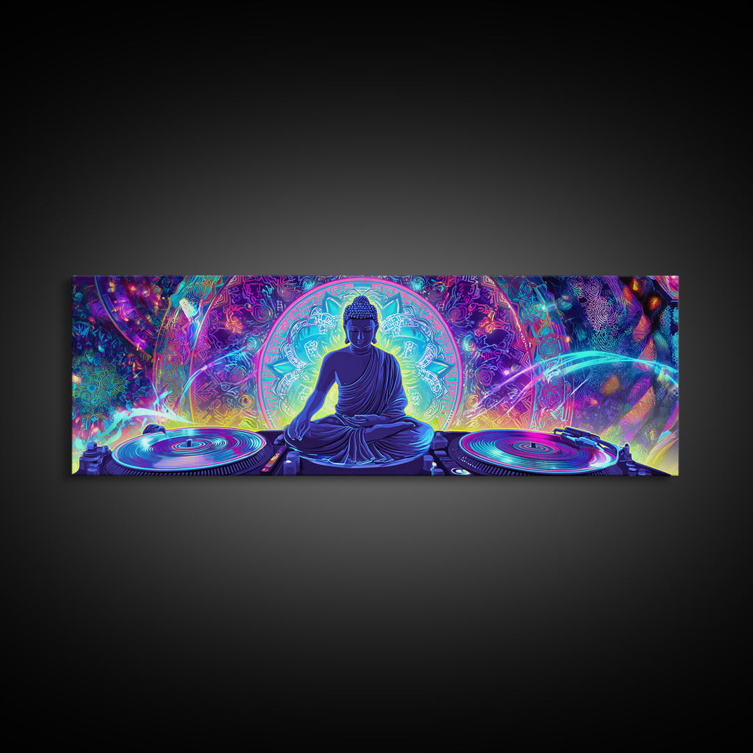 Neon Buddha DJ Canvas Print, Psychedelic Meditation Wall Art, Spiritual Decor, Yoga Studio, Music Room, Vibrant Home Decor