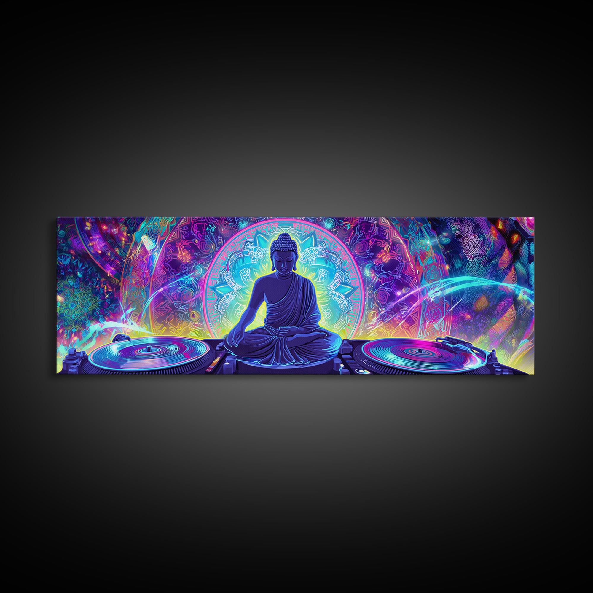Neon Buddha DJ Canvas Print, Psychedelic Meditation Wall Art, Spiritual Decor, Yoga Studio, Music Room, Vibrant Home Decor