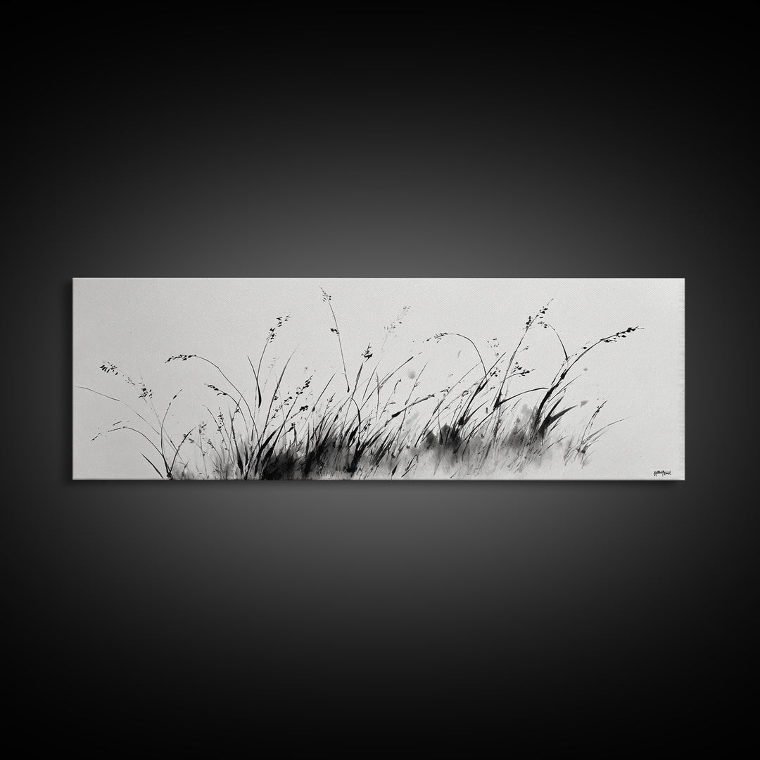 Minimalist Grass Ink Wall Art, Black And White Botanical Canvas Print, Japandi Decor, Neutral Wall Decor, Above Bed Art Print