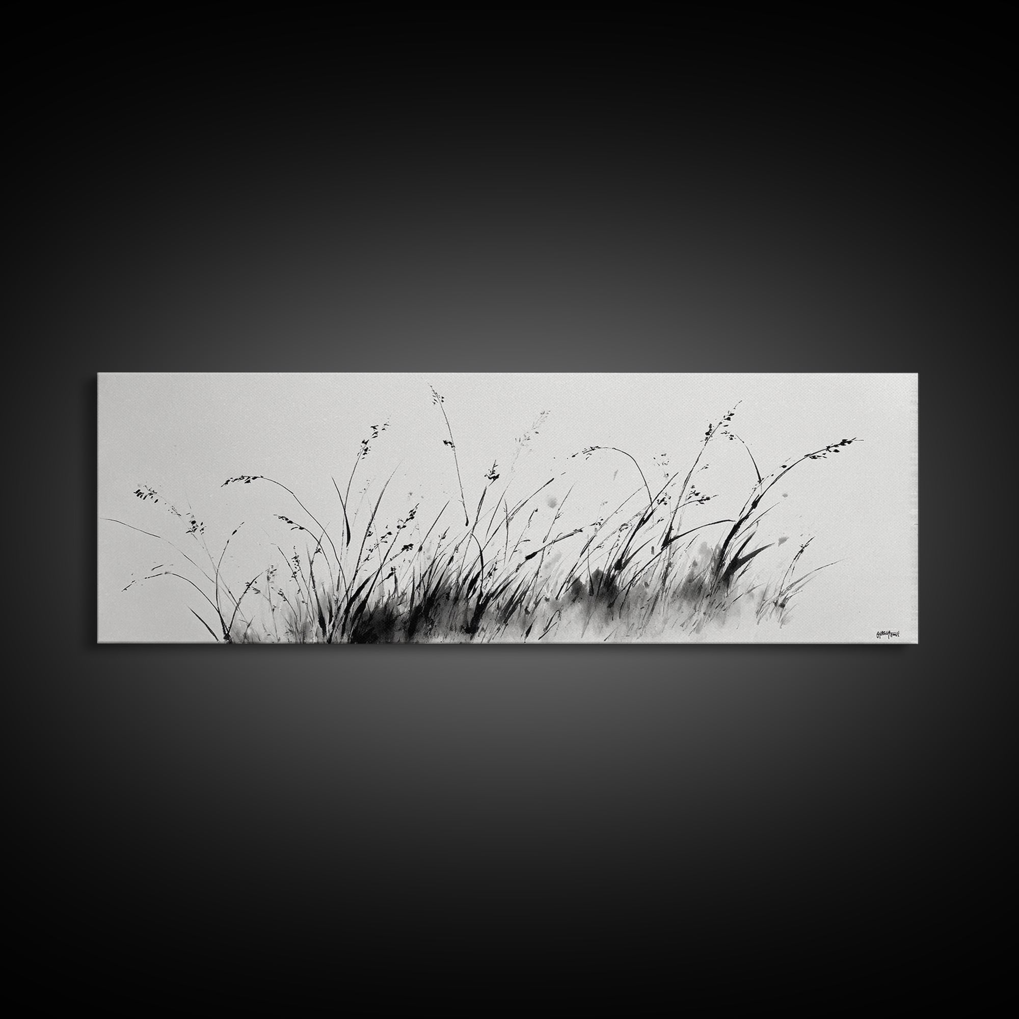 Minimalist Grass Ink Wall Art, Black And White Botanical Canvas Print, Japandi Decor, Neutral Wall Decor, Above Bed Art Print