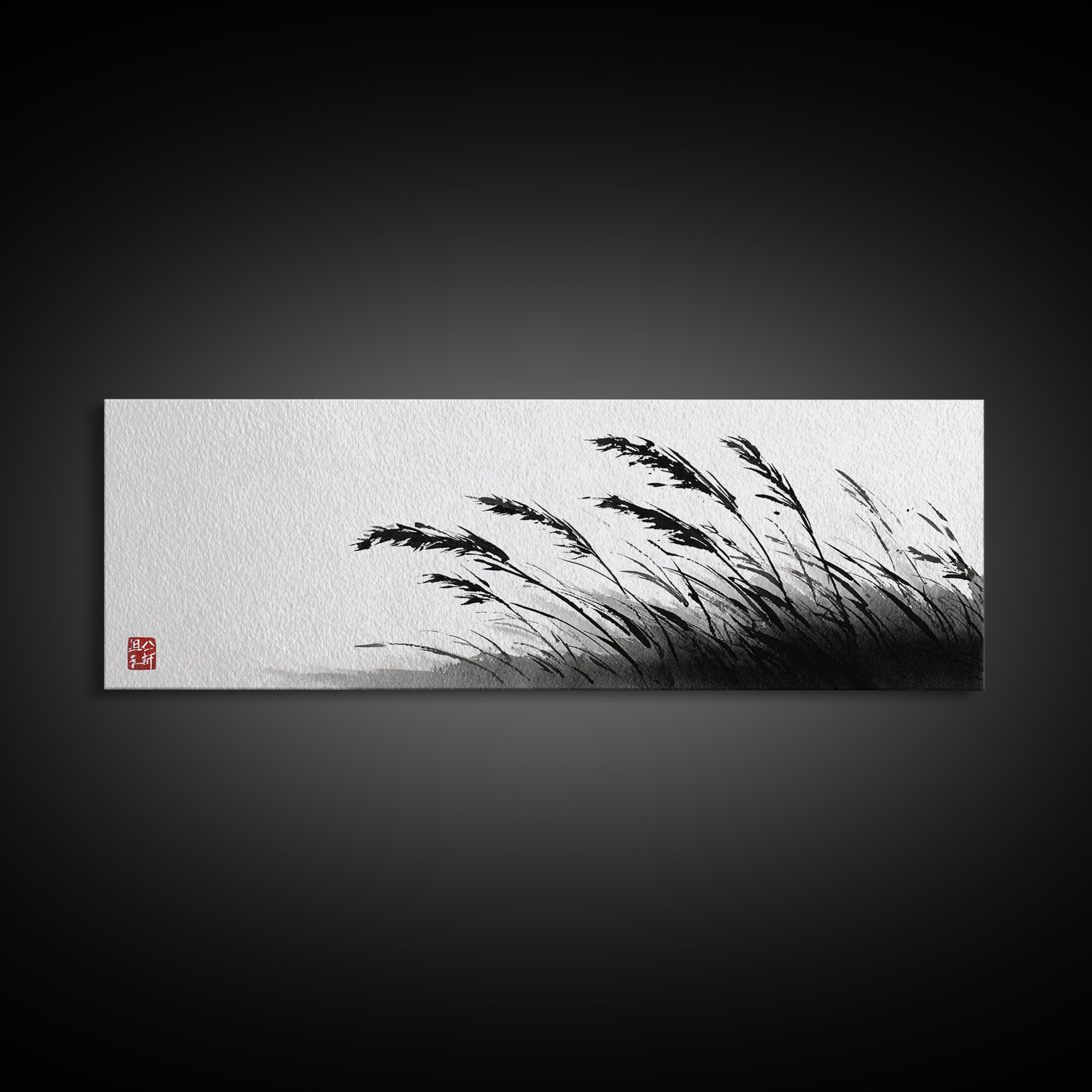 Minimal Ink Grass Reeds Canvas Print, Black And White Japandi Nature Wall Art For Calm Bedroom Decor And Zen Home Decor Print