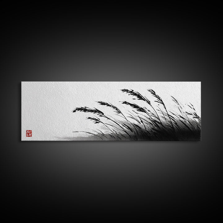Minimal Ink Grass Reeds Canvas Print, Black And White Japandi Nature Wall Art For Calm Bedroom Decor And Zen Home Decor Print