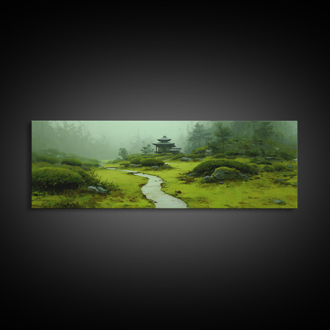 Misty Japanese Garden Path Wall Art, Pagoda Landscape Canvas Print, Zen Home Decor, Japandi Wall Decor, Calming Wall Art