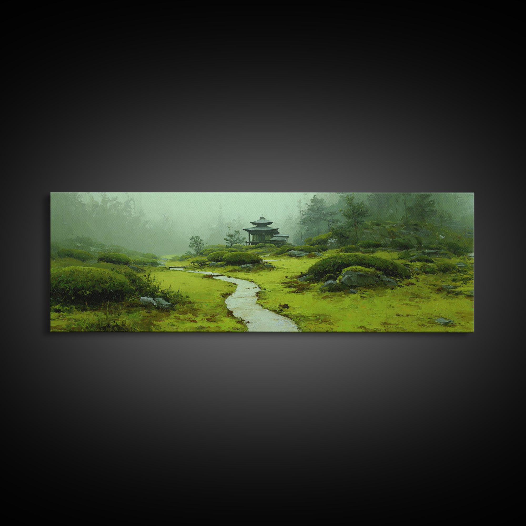Misty Japanese Garden Path Wall Art, Pagoda Landscape Canvas Print, Zen Home Decor, Japandi Wall Decor, Calming Wall Art