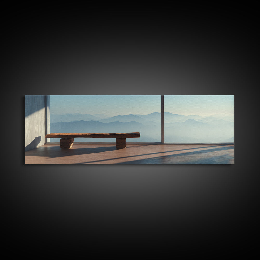 Minimal Mountain View Zen Bench Framed Canvas Print, Japandi Wall Art, Neutral Home Decor, Calming Office Decor, Living Room Decor