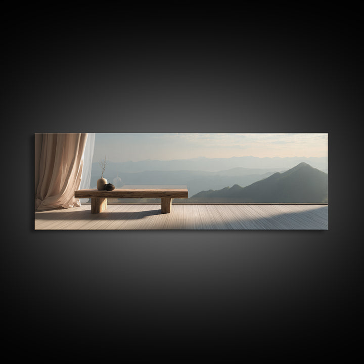 Minimalist Zen Bench Mountain View Wall Art, Japandi Interior Canvas Print, Neutral Bedroom Decor, Calming Home Gift For Her