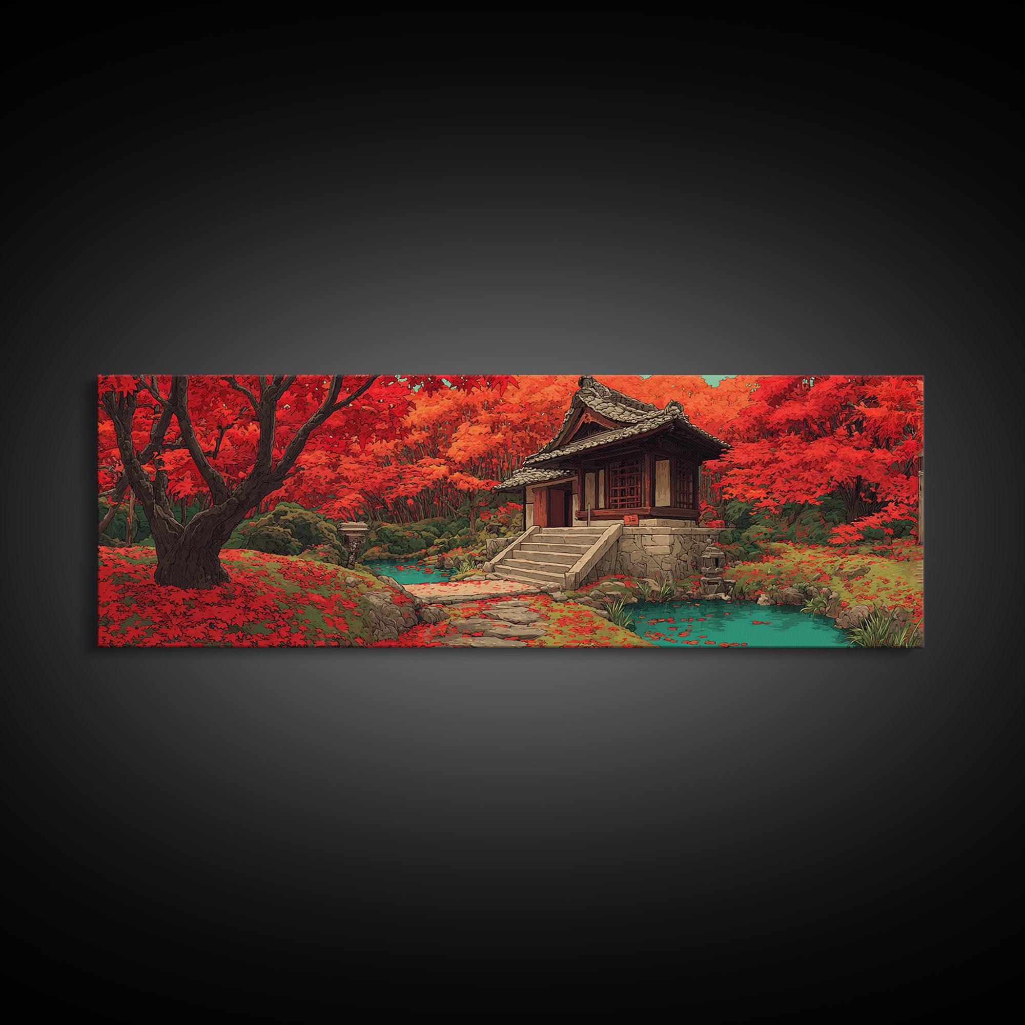 Red Maple Temple And Teal Pond Wall Art, Japanese Landscape, Autumn Forest Decor, Zen Home Decor, Panoramic Canvas Print