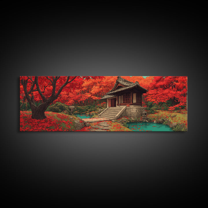 Red Maple Temple And Teal Pond Wall Art, Japanese Landscape, Autumn Forest Decor, Zen Home Decor, Panoramic Canvas Print