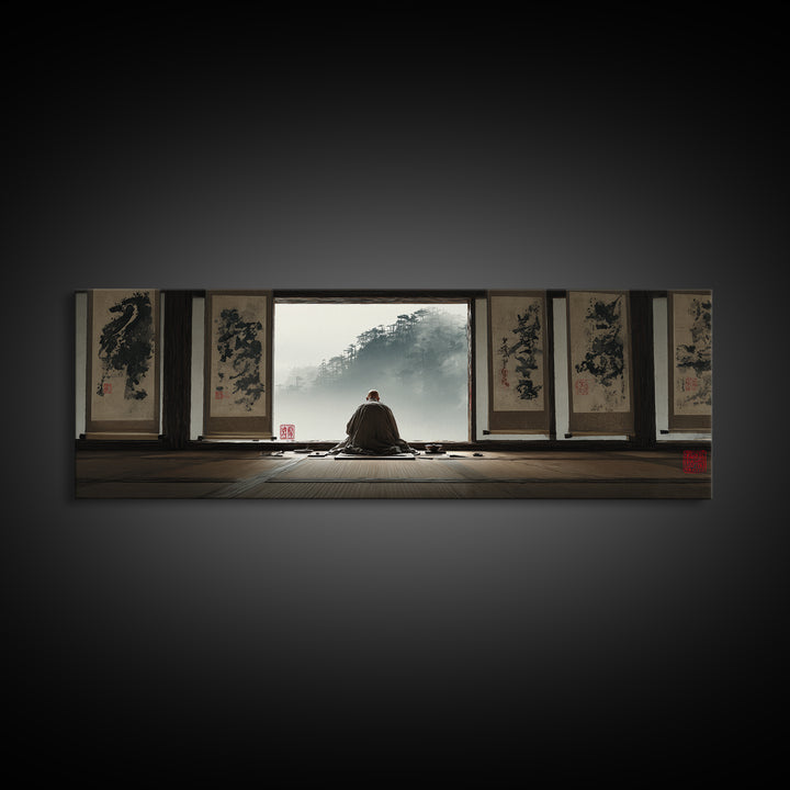 Zen Monk Viewing Misty Mountains Wall Art, Japanese Ink Framed Canvas Print, Meditation Room Decor, Japandi Home Decor, Zen Decor