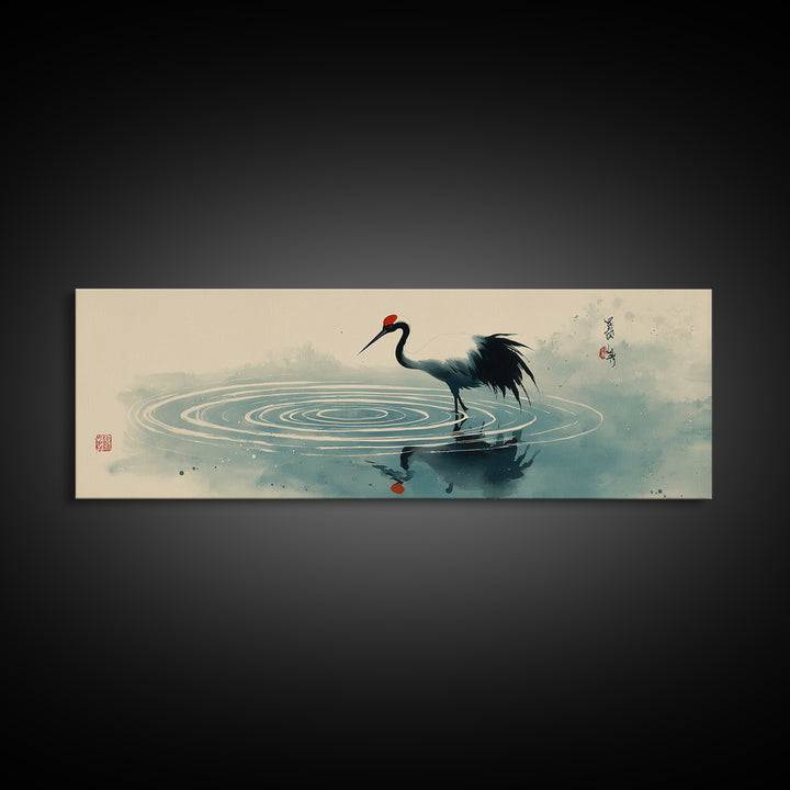 Japanese Crane Ink Painting Wall Art, Zen Bird Canvas Print, Minimalist Asian Decor, Japandi Meditation Room Gift For Her