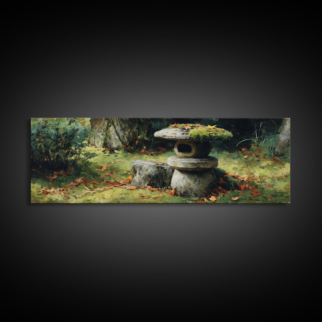 Mossy Japanese Stone Lantern Wall Art, Zen Garden Oil Painting Print, Japandi Decor, Tranquil Nature Framed Canvas Print