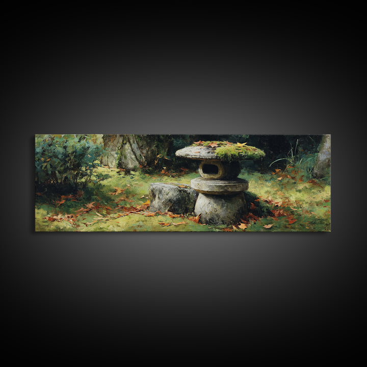 Mossy Japanese Stone Lantern Wall Art, Zen Garden Oil Painting Print, Japandi Decor, Tranquil Nature Framed Canvas Print