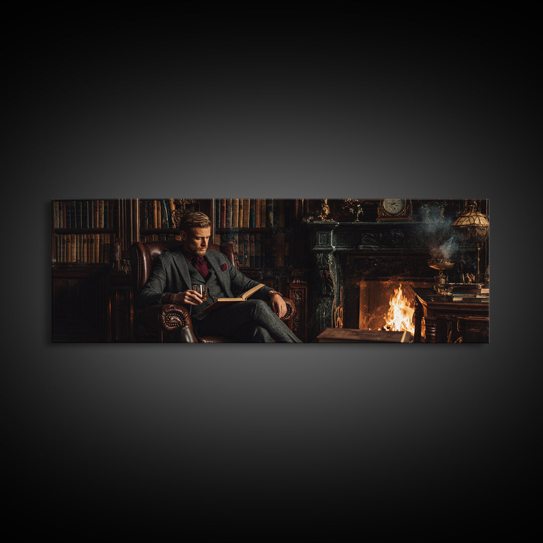 Gentleman Reading By Fireplace Wall Art, Dark Academia Library Canvas Print, Cozy Office Decor, Book Lover Housewarming Gift