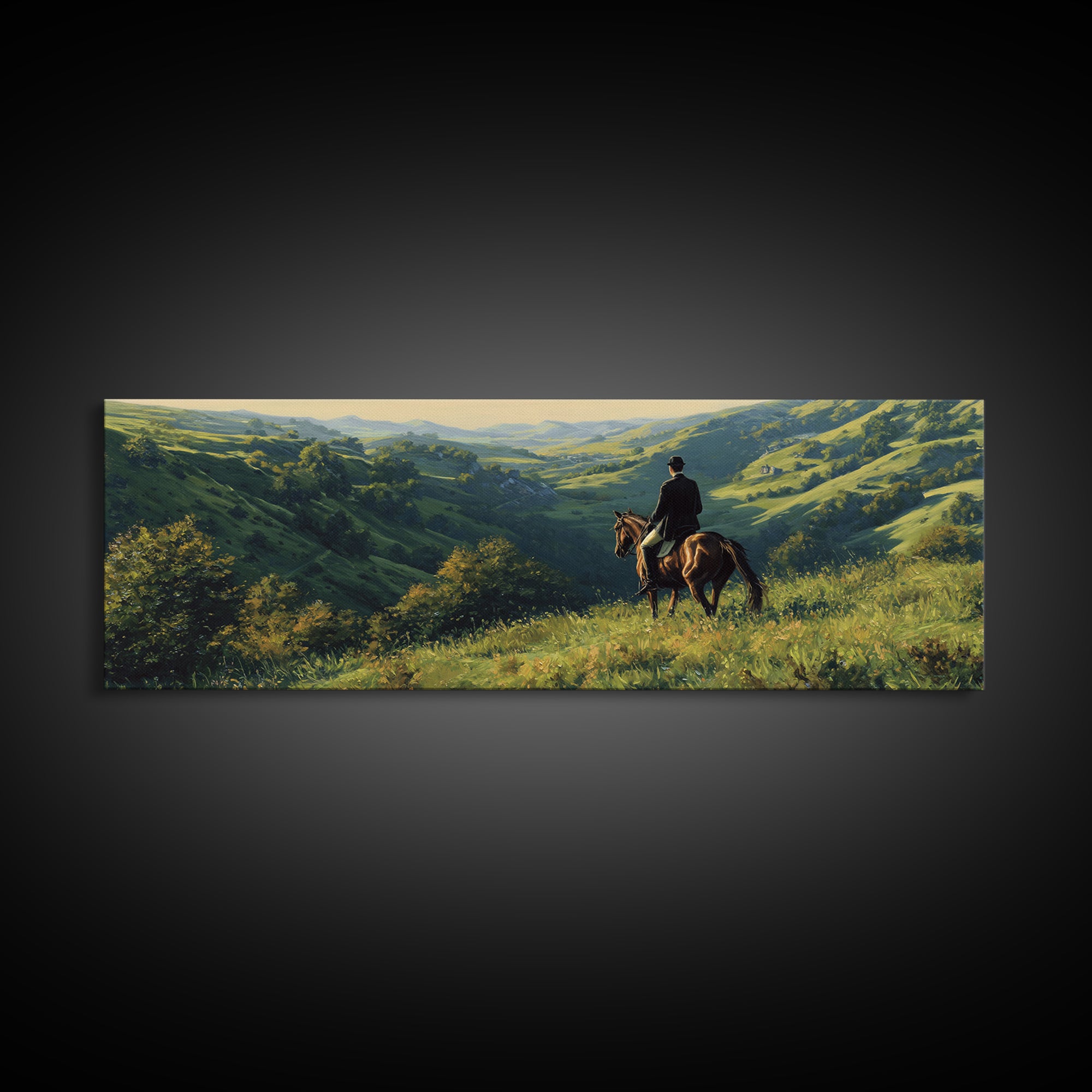 Horse Rider Over Green Valley Wall Art, Panoramic Landscape Canvas Print, Western Country Home Decor, Equestrian Gift For Him