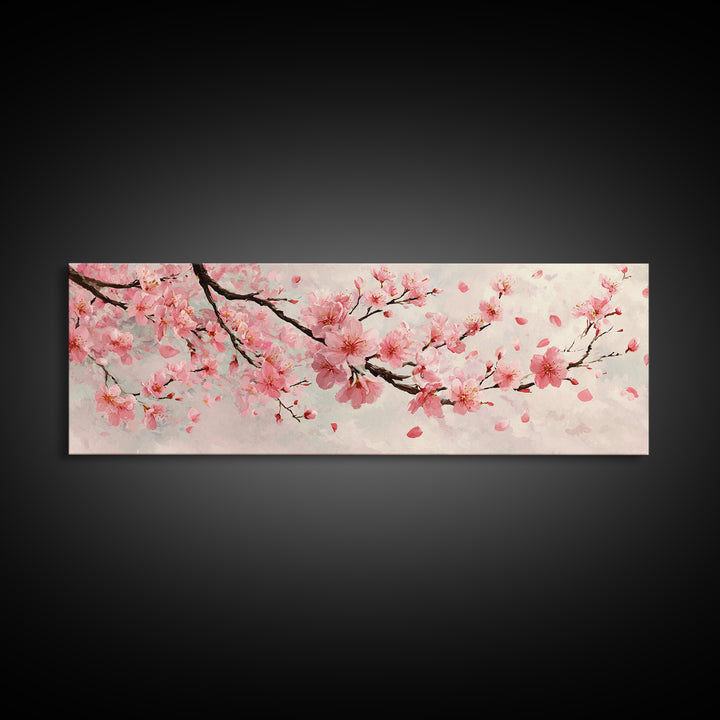 Pink Cherry Blossom Branch Wall Art, Japanese Floral Canvas Print, Spring Botanical Decor, Feminine Bedroom Artwork Gift