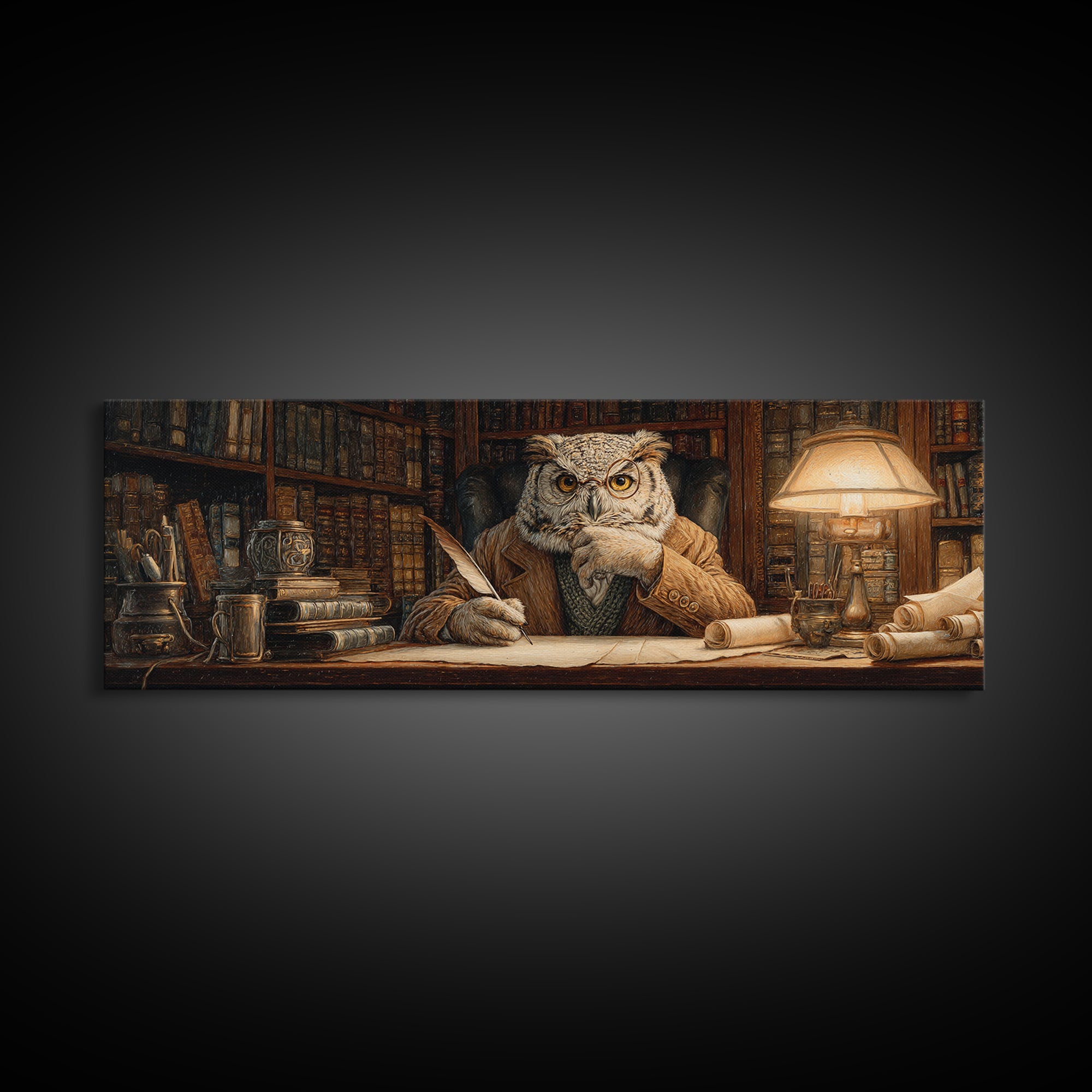 Wise Owl Librarian At Antique Desk Wall Art, Dark Academia Library Decor, Whimsical Animal Art Print For Book Lovers Gift
