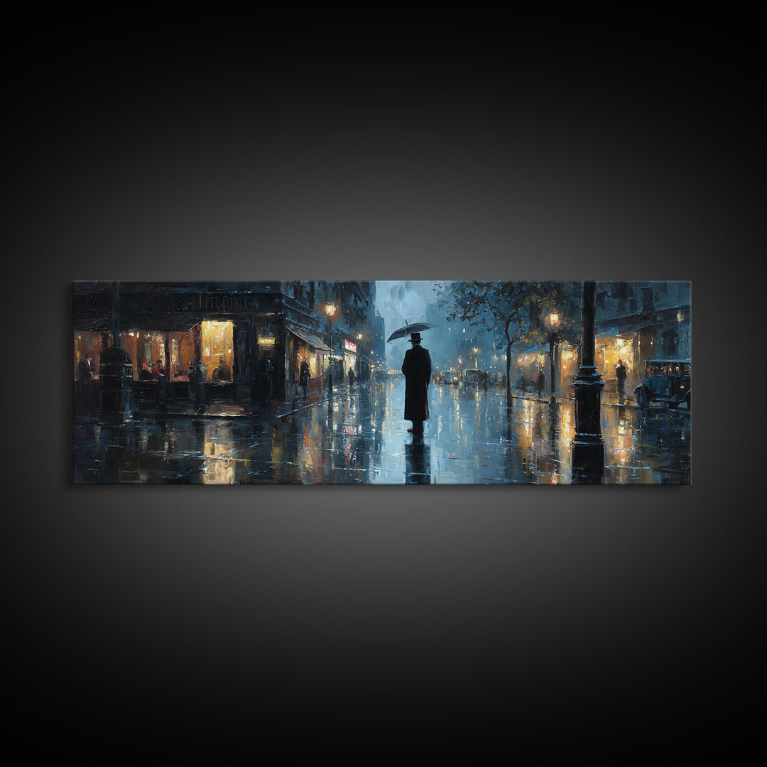 Rainy City Street With Umbrella Wall Art, Moody Urban Landscape Print, Blue Night Office Decor, Contemporary Canvas Print