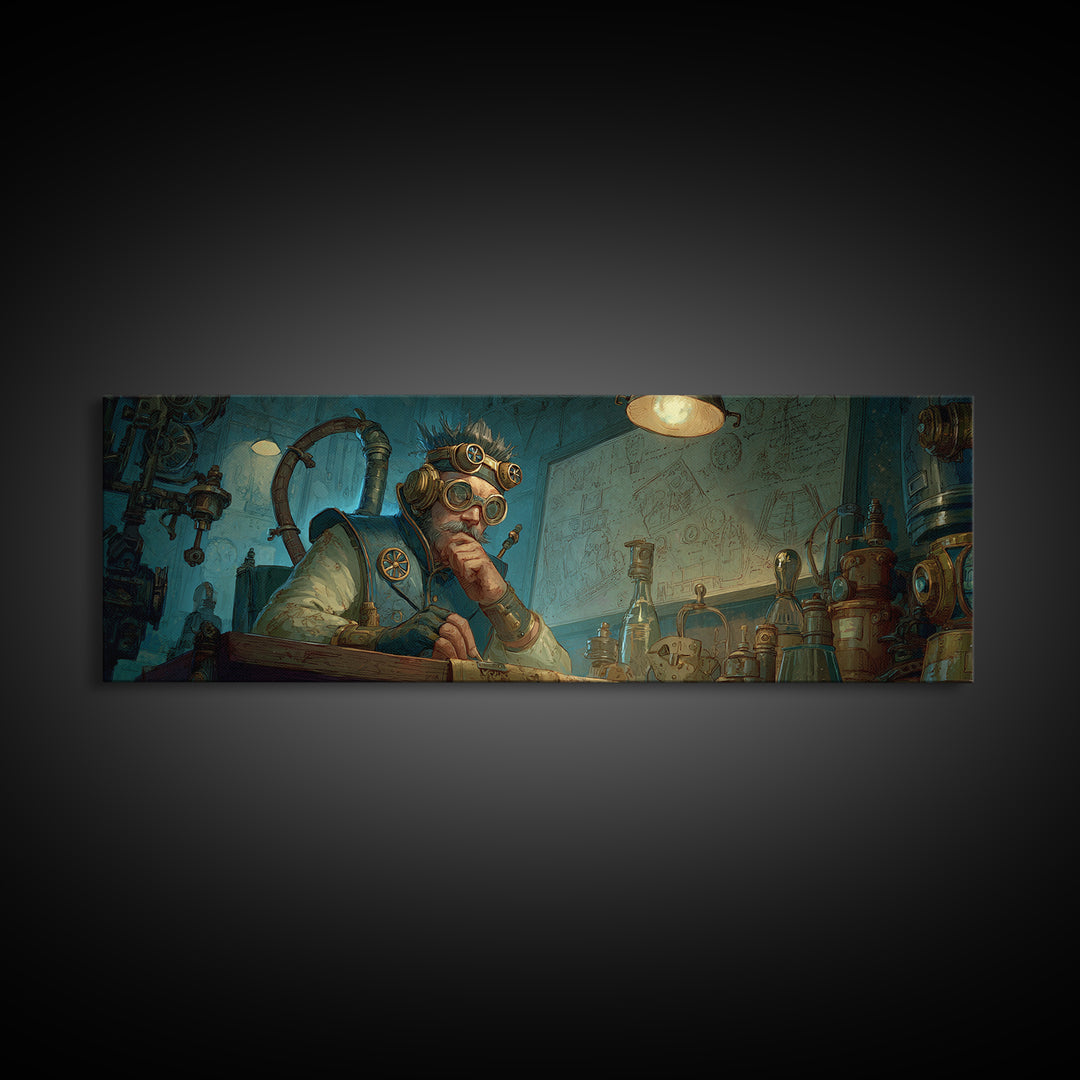 Steampunk Inventor Writing In Blue Laboratory Wall Art, Futuristic Science Decor, Industrial Office Art Print, Gift For Him