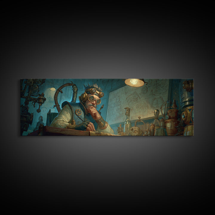 Steampunk Inventor Writing In Blue Laboratory Wall Art, Futuristic Science Decor, Industrial Office Art Print, Gift For Him