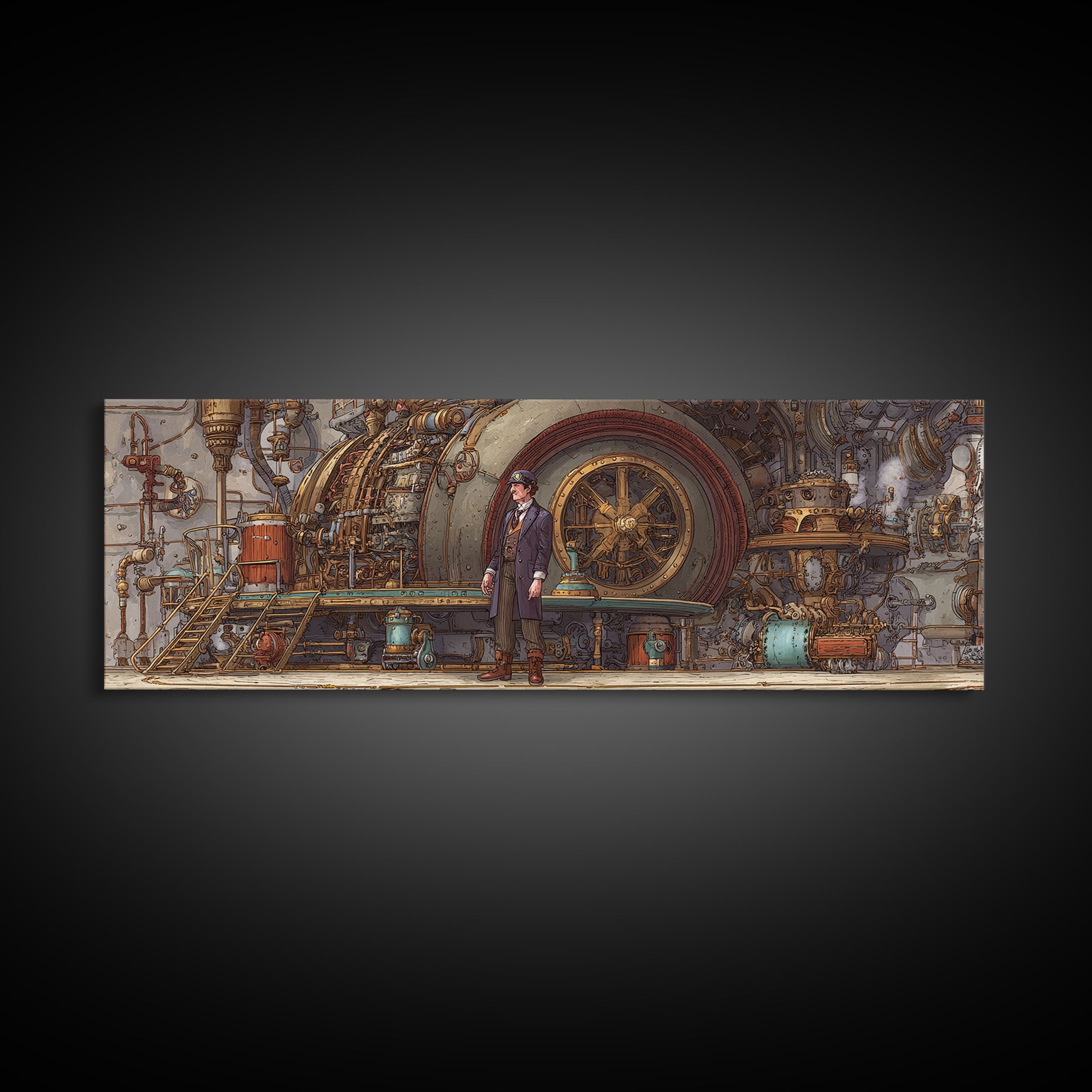 Victorian Engineer Before Giant Machine Canvas Print, Steampunk Industrial Wall Art, Mechanical Office Decor, Gift For Him