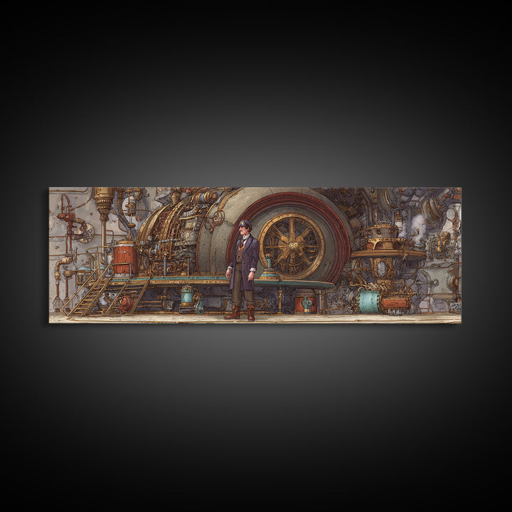 Victorian Engineer Before Giant Machine Canvas Print, Steampunk Industrial Wall Art, Mechanical Office Decor, Gift For Him