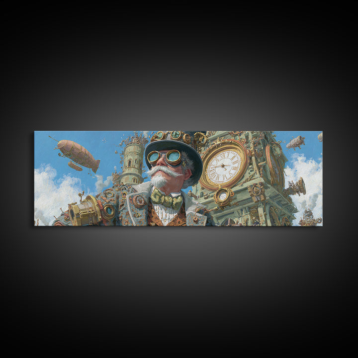 Steampunk Gentleman With Goggles And Clock Tower Wall Art, Victorian Airship Canvas, Industrial Office Decor For Living Room