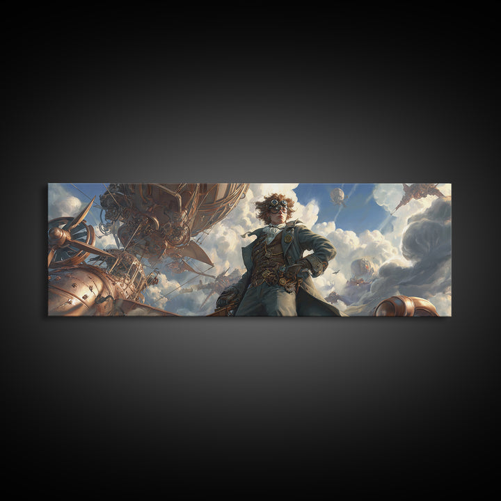 Airship Captain In Storm Clouds Framed Canvas Print, Steampunk Aviation Wall Art, Dramatic Sci Fi Office Decor For Game Room