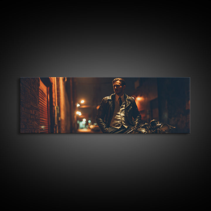 Noir Biker In Shadowed Alley Wall Art, Cinematic Motorcycle Canvas Print, Masculine Man Cave Decor Gift For Him, Urban Office Decor