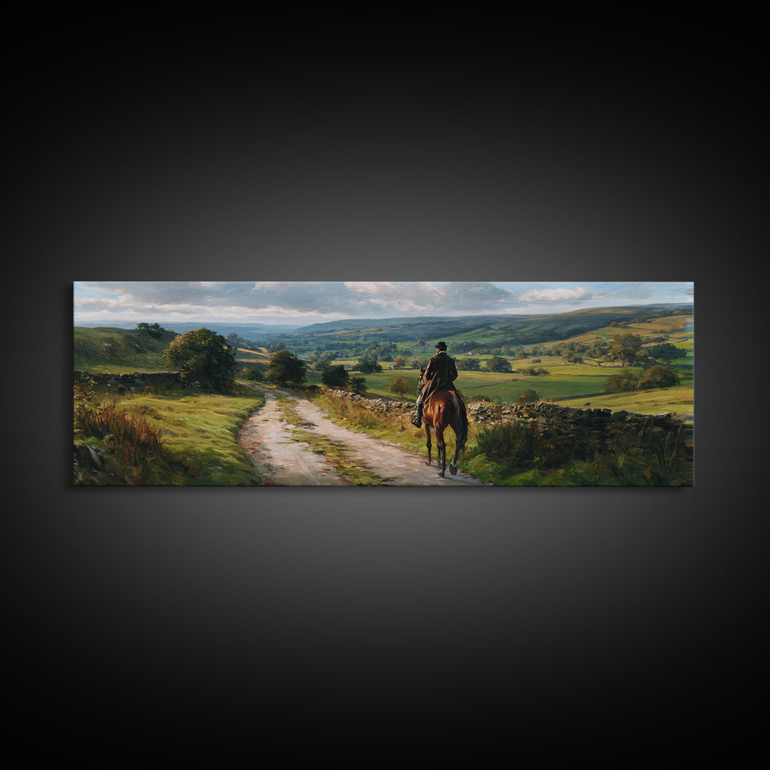 Lone Horse Rider On Country Road Wall Art, Rolling Hills Landscape Canvas Print, Rustic Farmhouse Living Room Decor Gift