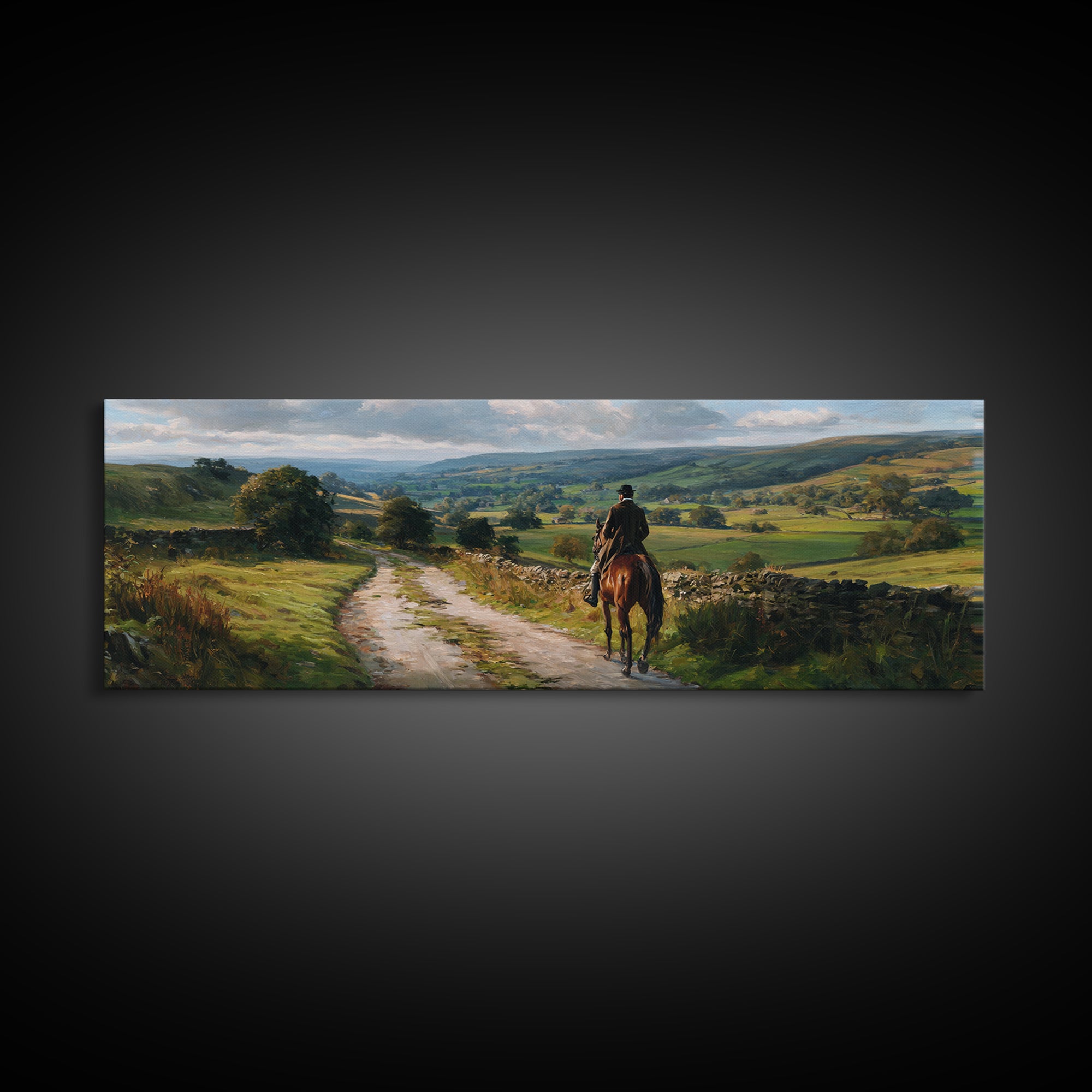 Lone Horse Rider On Country Road Wall Art, Rolling Hills Landscape Canvas Print, Rustic Farmhouse Living Room Decor Gift