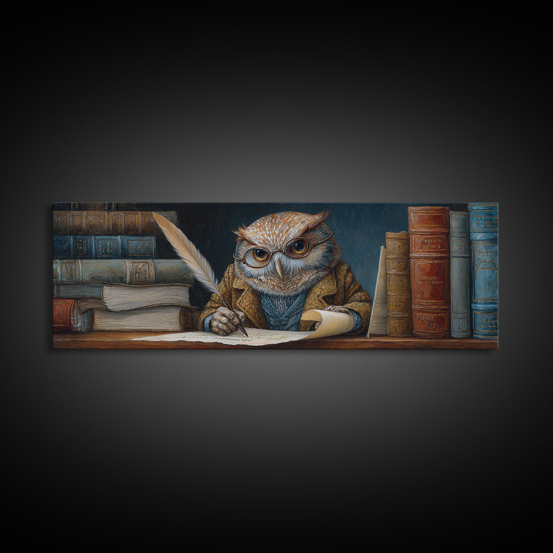 Whimsical Owl Scholar Writing Letters Wall Art, Storybook Animal Canvas Print, Cozy Library Nursery Office Decor Gift For Readers