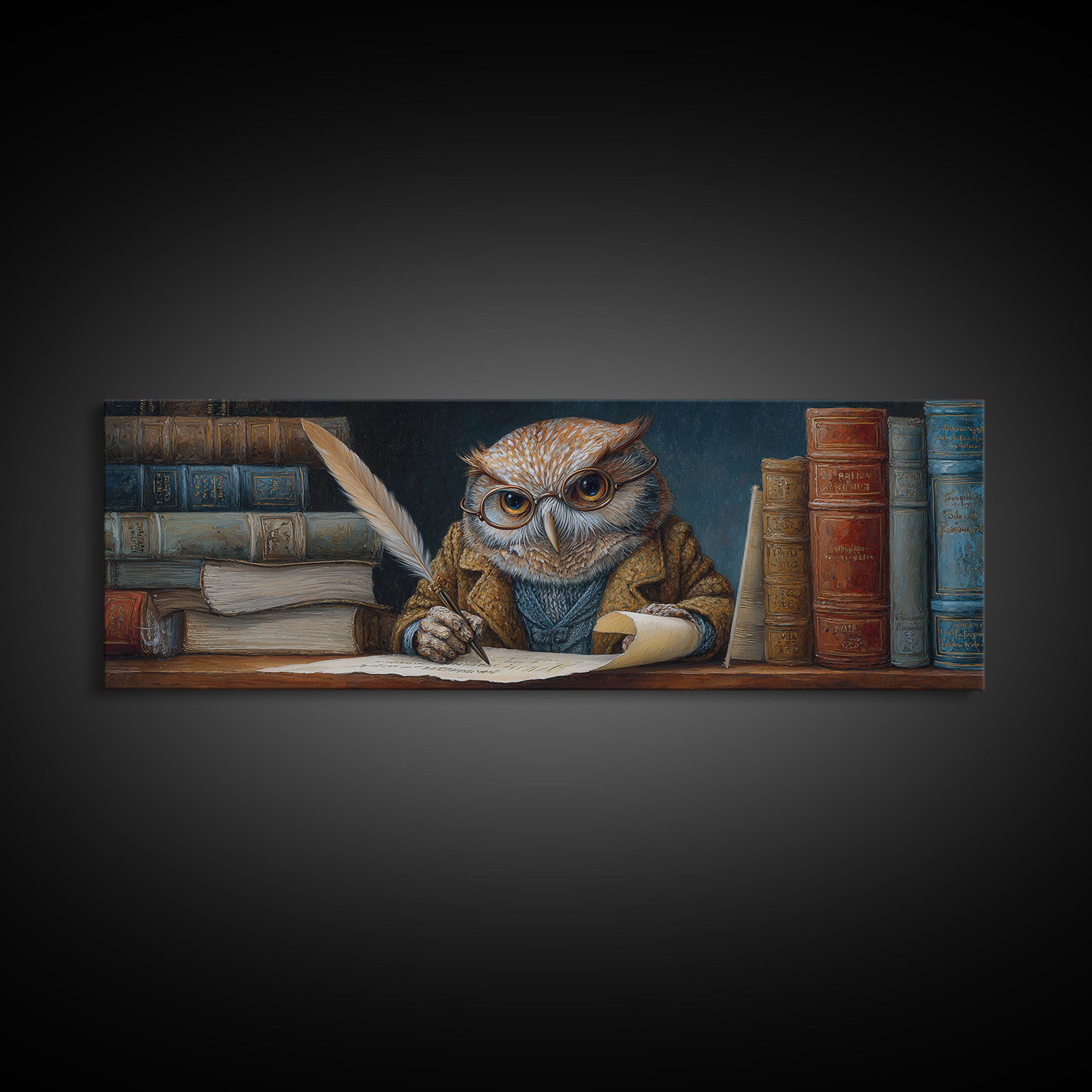 Whimsical Owl Scholar Writing Letters Wall Art, Storybook Animal Canvas Print, Cozy Library Nursery Office Decor Gift For Readers