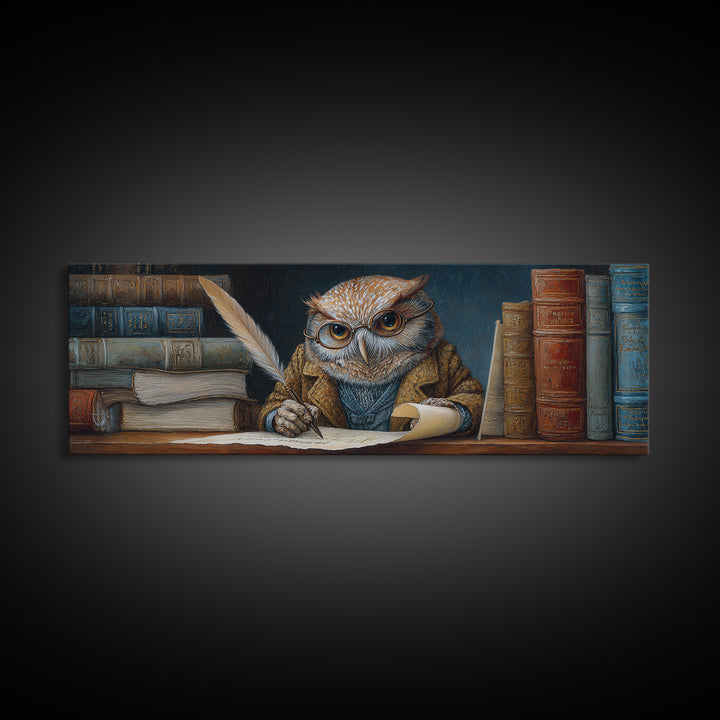 Whimsical Owl Scholar Writing Letters Wall Art, Storybook Animal Canvas Print, Cozy Library Nursery Office Decor Gift For Readers