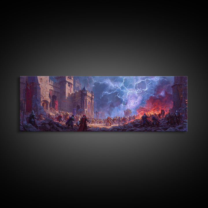 Stormlit Castle Siege Fantasy Battle Wall Art, Medieval Dragon Decor, Epic Landscape Canvas Print, Gamer Room Gift For Him