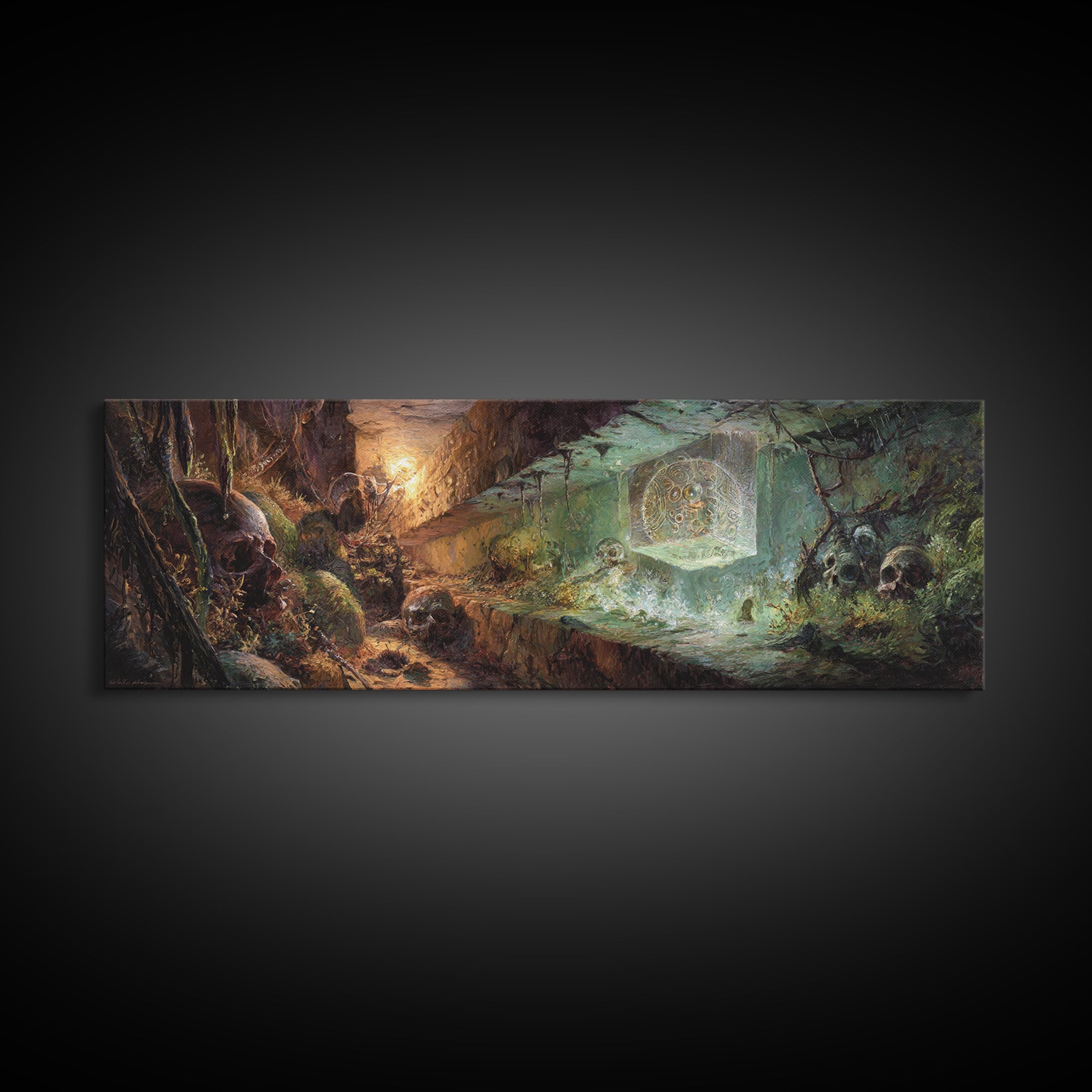 Glowing Crypt Relic Dungeon Fantasy Wall Art, Dark Academia Decor, Gothic Canvas Print, Skull Cave Adventure Art For Game Room
