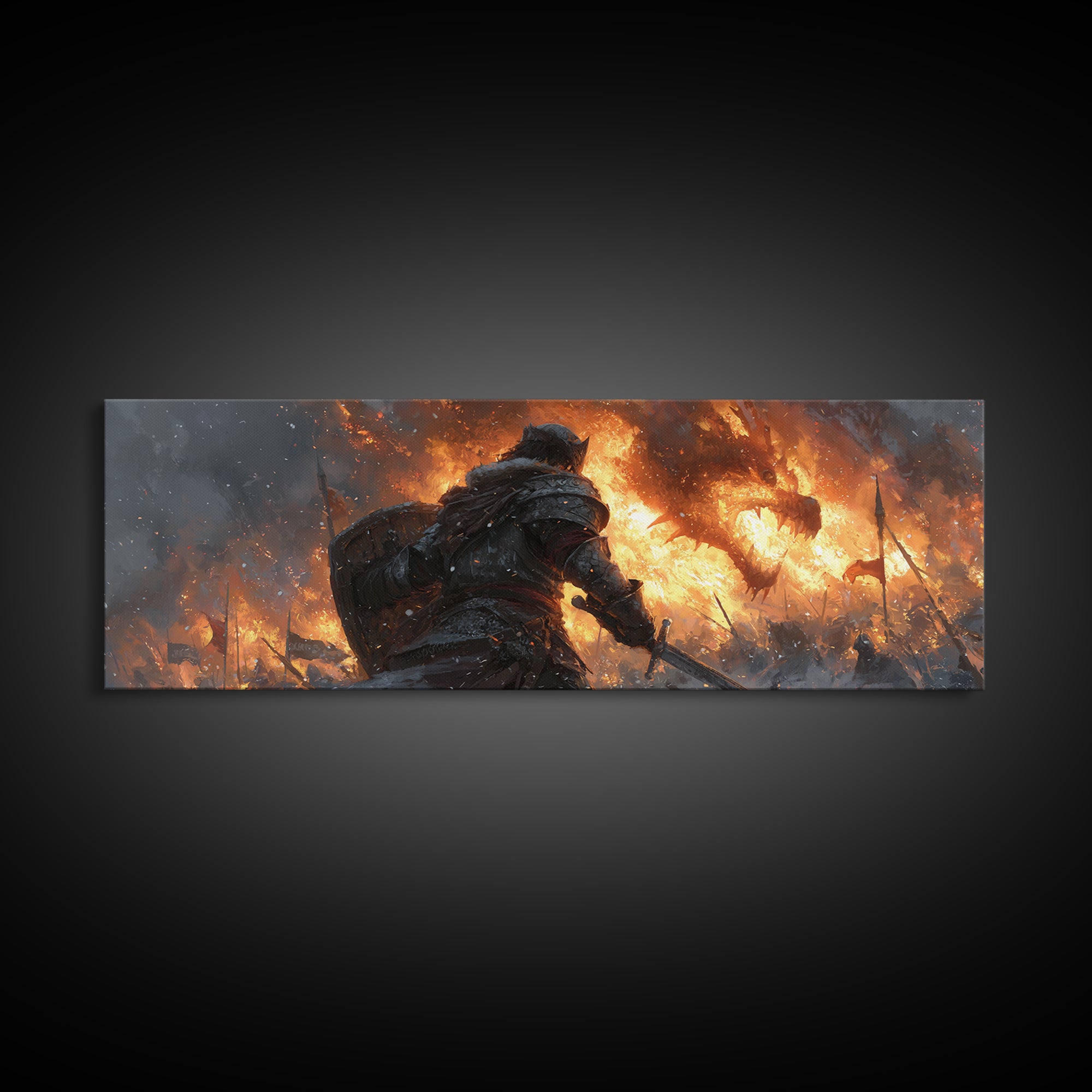 Lone Warrior Before Blazing Battlefield Framed Canvas Print, Dark Fantasy Wall Art, Medieval Battle Decor, Gift For Gamer
