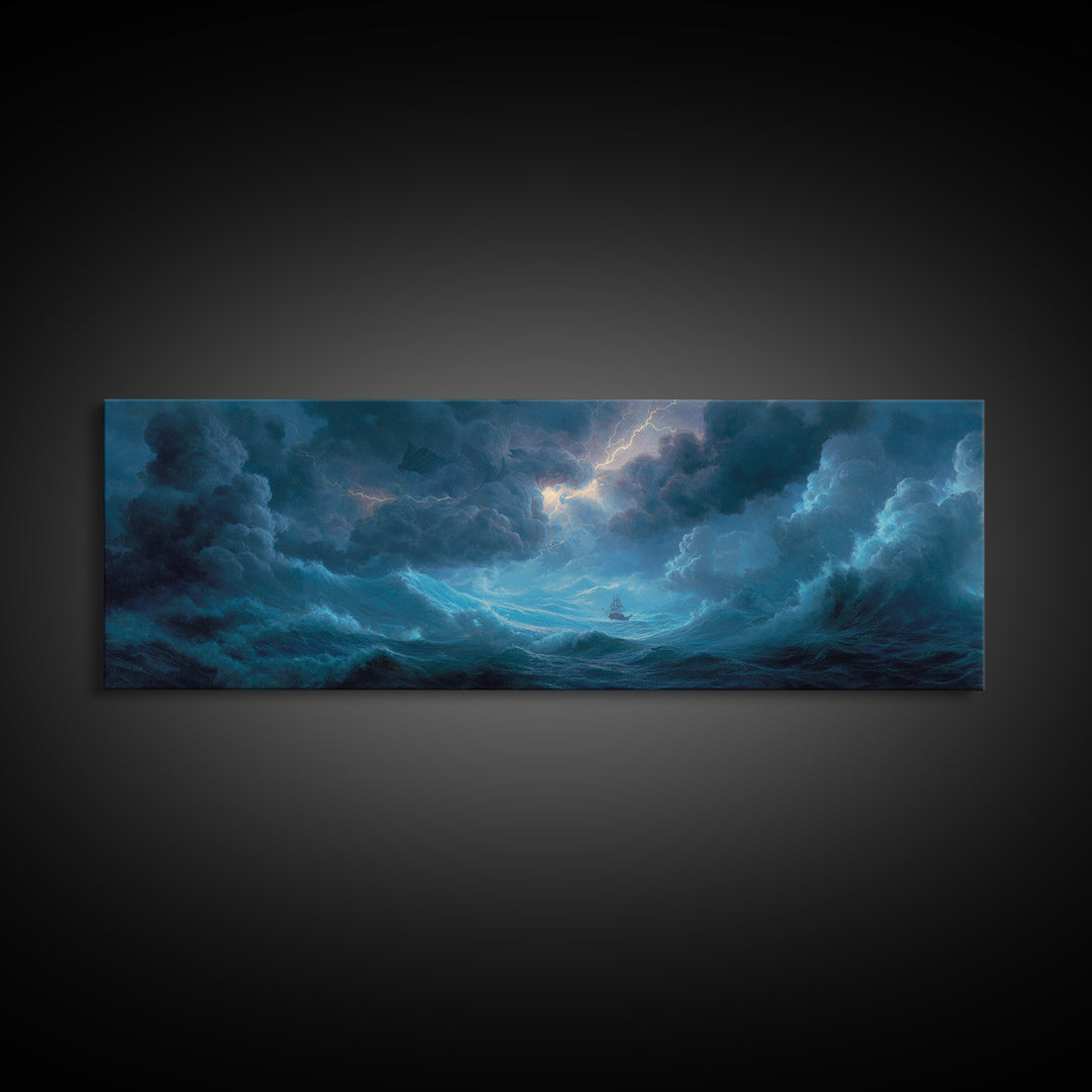 Stormy Ocean Ship Seascape Wall Art, Dramatic Nautical Canvas Print, Blue Coastal Living Room Decor, Moody Sea Gift For Him