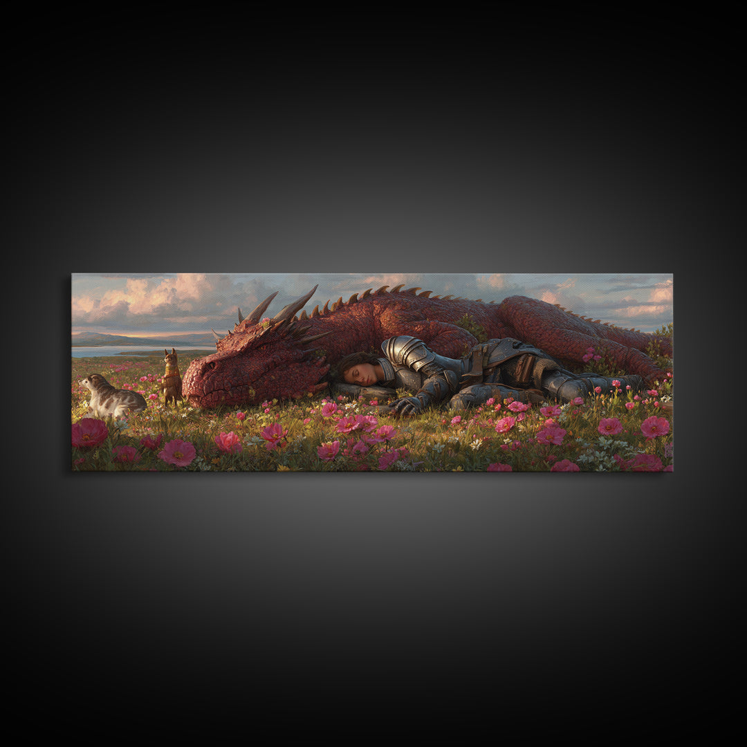 Sleeping Knight With Red Dragon In Flower Meadow Wall Art, Whimsical Fantasy Canvas Print, Nursery Decor Gift For Her And Kids