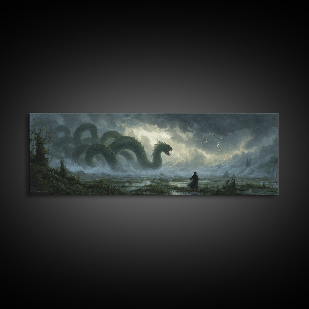 Storm Hydra Rising From Misty Swamp Wall Art, Dark Fantasy Canvas Print, Mythical Monster Home Decor, Gothic Gift For Him